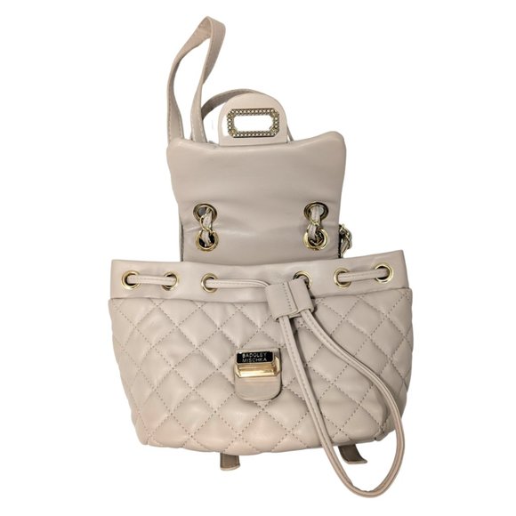 Badgley Mischka Beige Quilted Faux Leather Chain Strap Mini Backpack - Picture 8 of 12